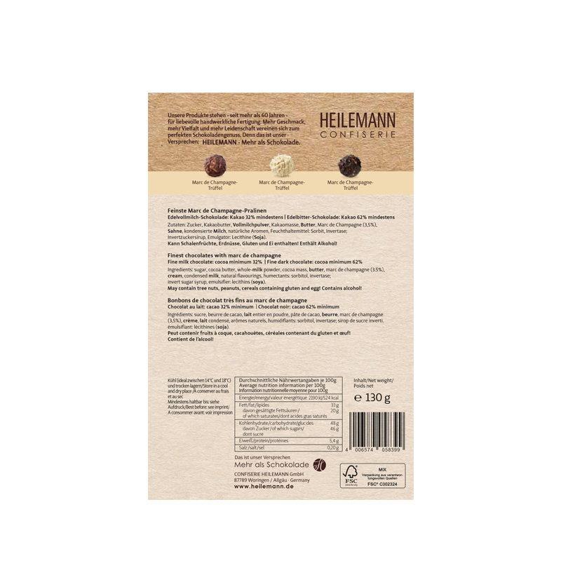 Heilemann Marc de Champagne Pralinen Komposition, 130 g, Rückseite