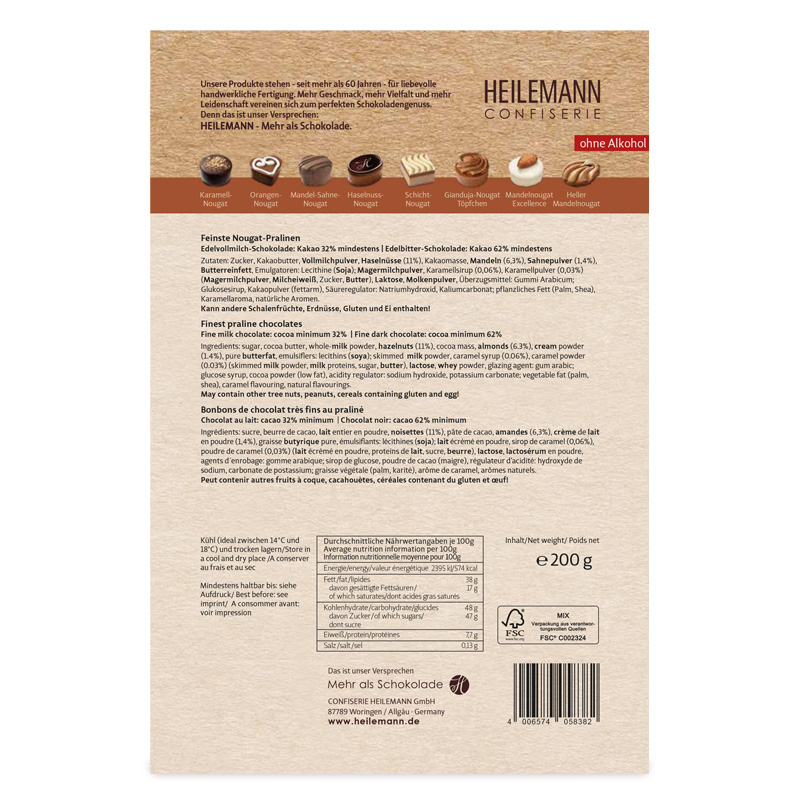 Heilemann Nougat Pralinen Komposition, 200 g, Rückseite
