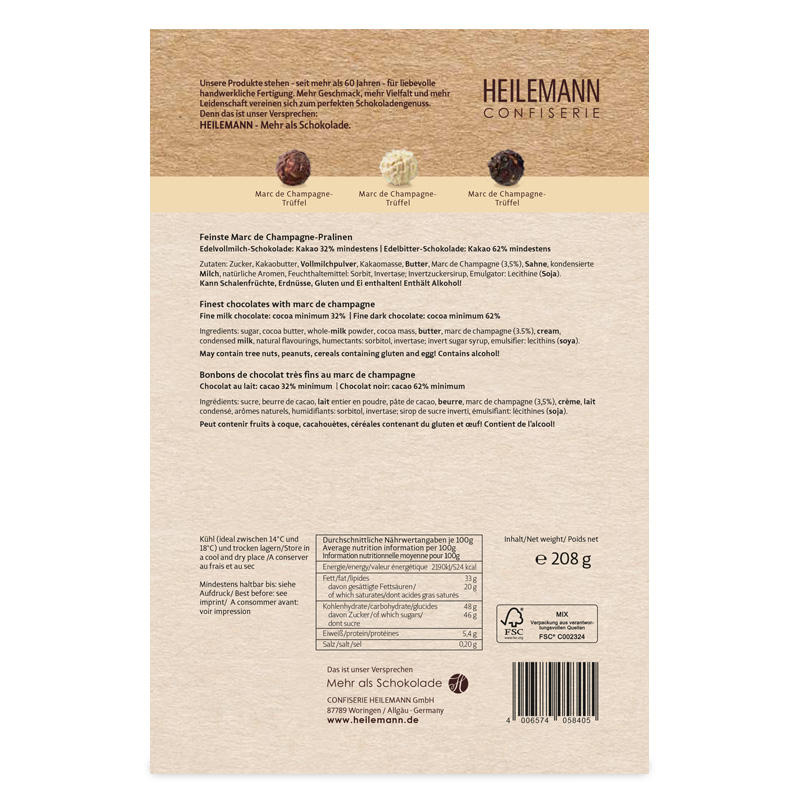 Heilemann Marc de Champagne Trüffel Pralinés Composition, 208 g, Rückseite
