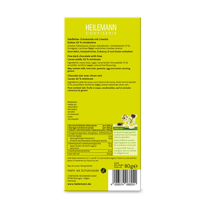 Heilemann Sommer-Schokolade fresh LIME, 80 g - Rückseite