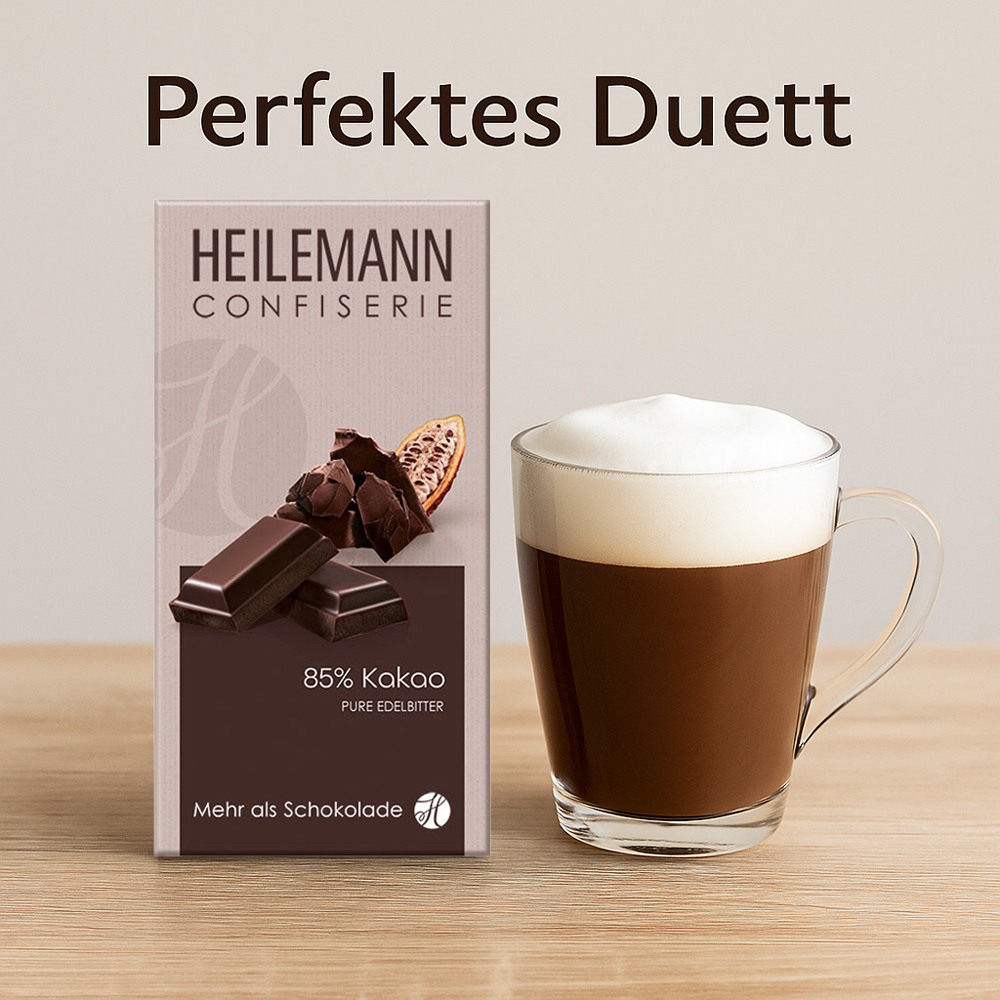 Perfektes Duett - 85 % Kakao Schokolade mit Cappuccino am Nachmittag
