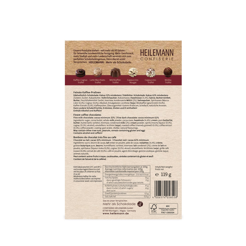 Heilemann Kaffee Pralinen Komposition, 119 g, Rückseite