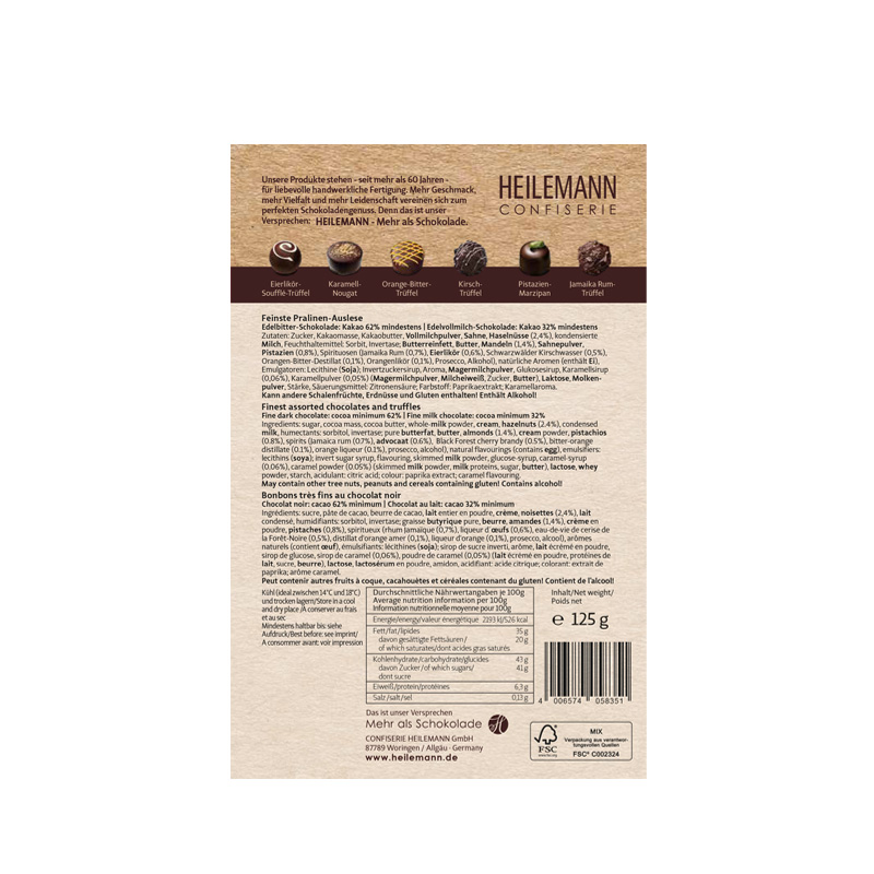 Heilemann Edelbitter Pralinen Komposition, 125 g, Rückseite