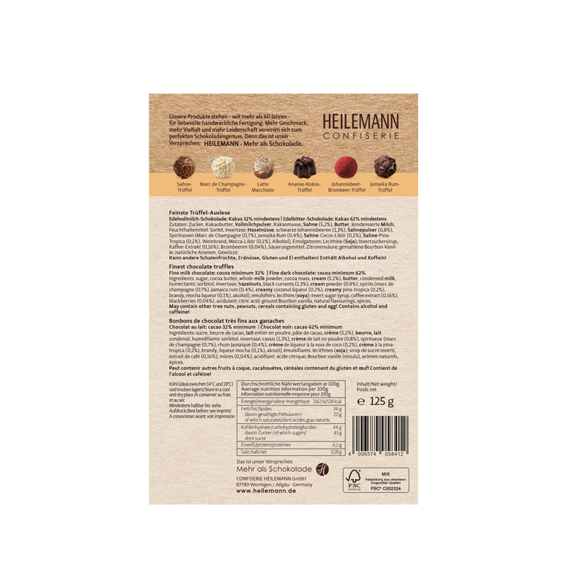 Heilemann Trüffel Auslese Pralinen Komposition, 125 g, Rückseite