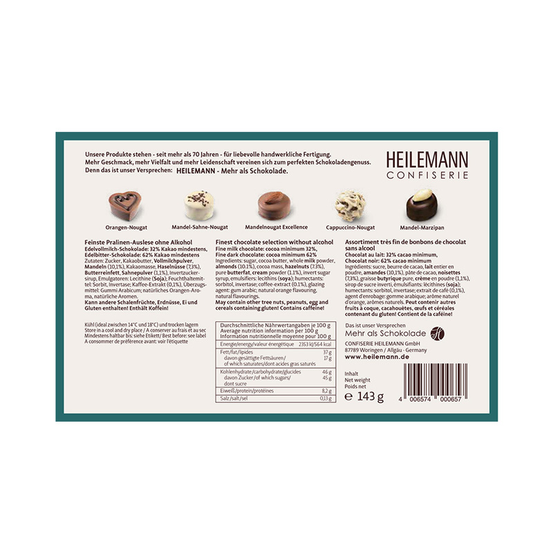 Heilemann Pralinés Deluxe – Nougat- und Marzipanpralinen, Rückseite