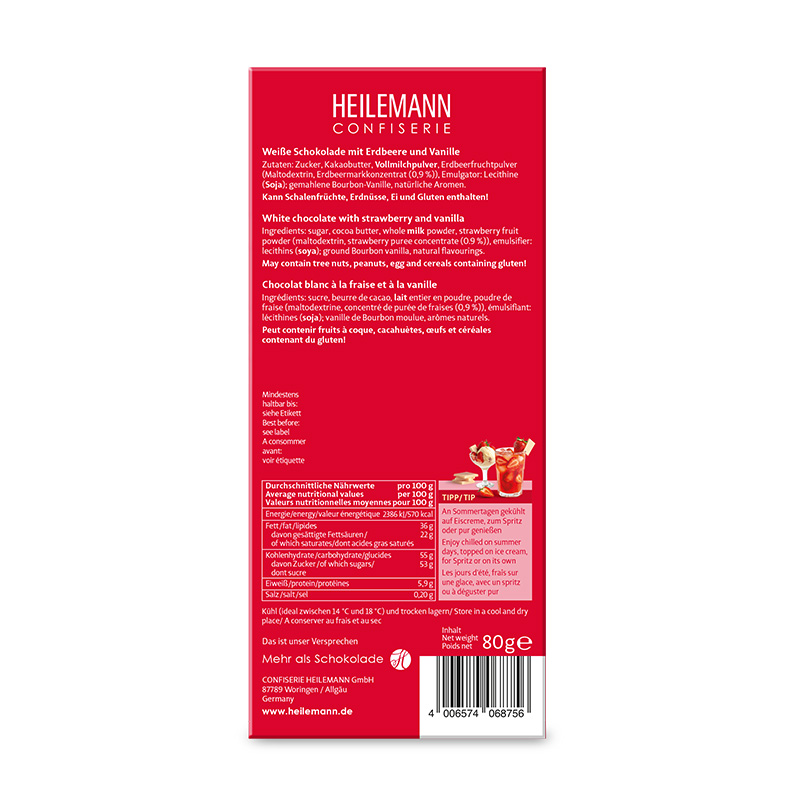 Heilemann Sommer-Schokolade vanilla STRAWBERRY, 80 g - Rückseite