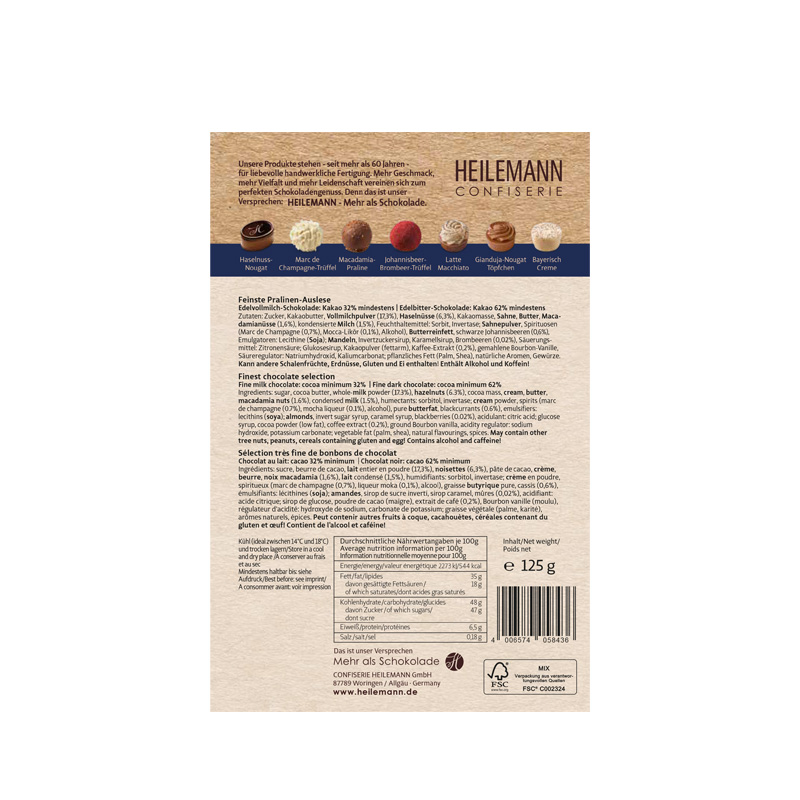 Heilemann Unsere Besten Pralinen Komposition, 125 g, Rückseite