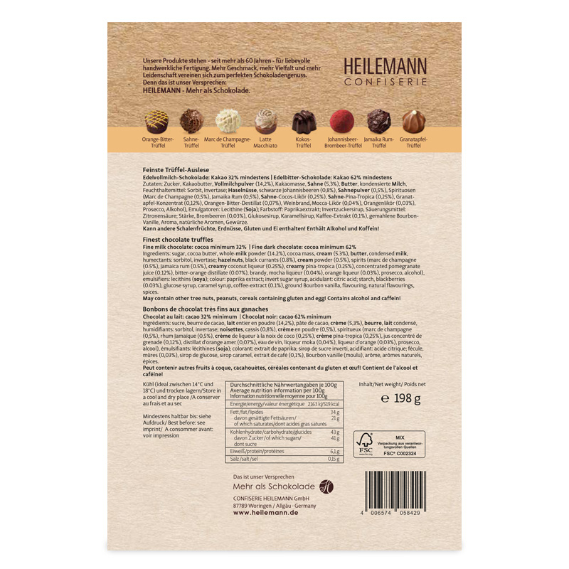 Heilemann Trüffel Auslese Pralinen Komposition, 198 g, Rückseite