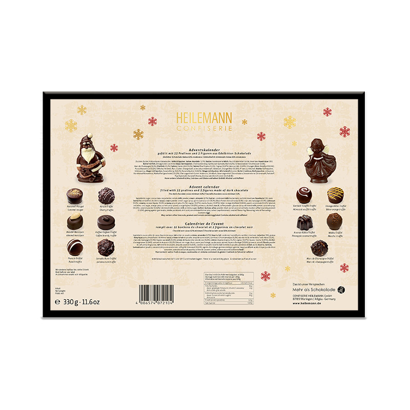 Pralinen Adventskalender Edelbitter, 330 g, Rückansicht