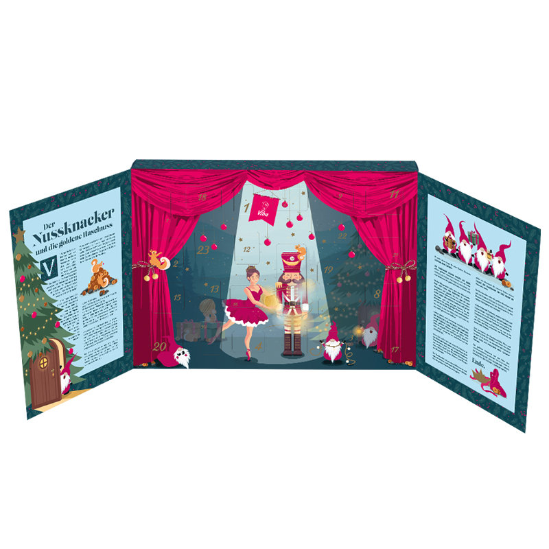 Viba Adventskalender "Nussknacker", aufgeklappt mit Weihnachtsgeschichte