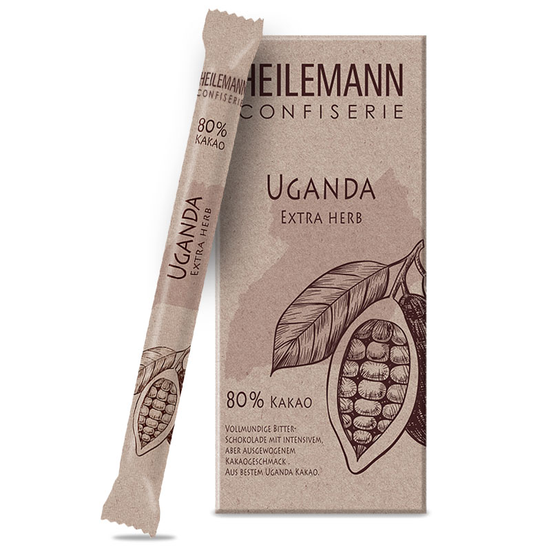 Heilemann Ursprungs-Schokolade Uganda 80 % Kakao extra herb Tafel und Stick